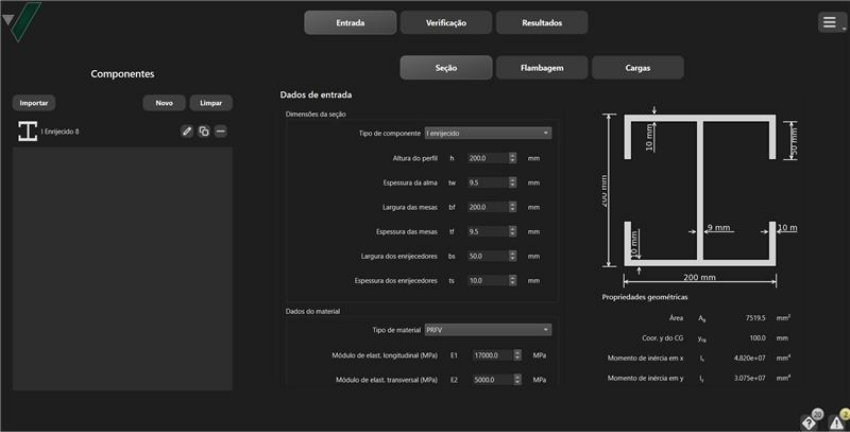 Interface do V-structct, software de cálculo estrutural criado pela Virtos Engenharia com foco no cálculo de pré-dimensionamento de perfil pultrudados
